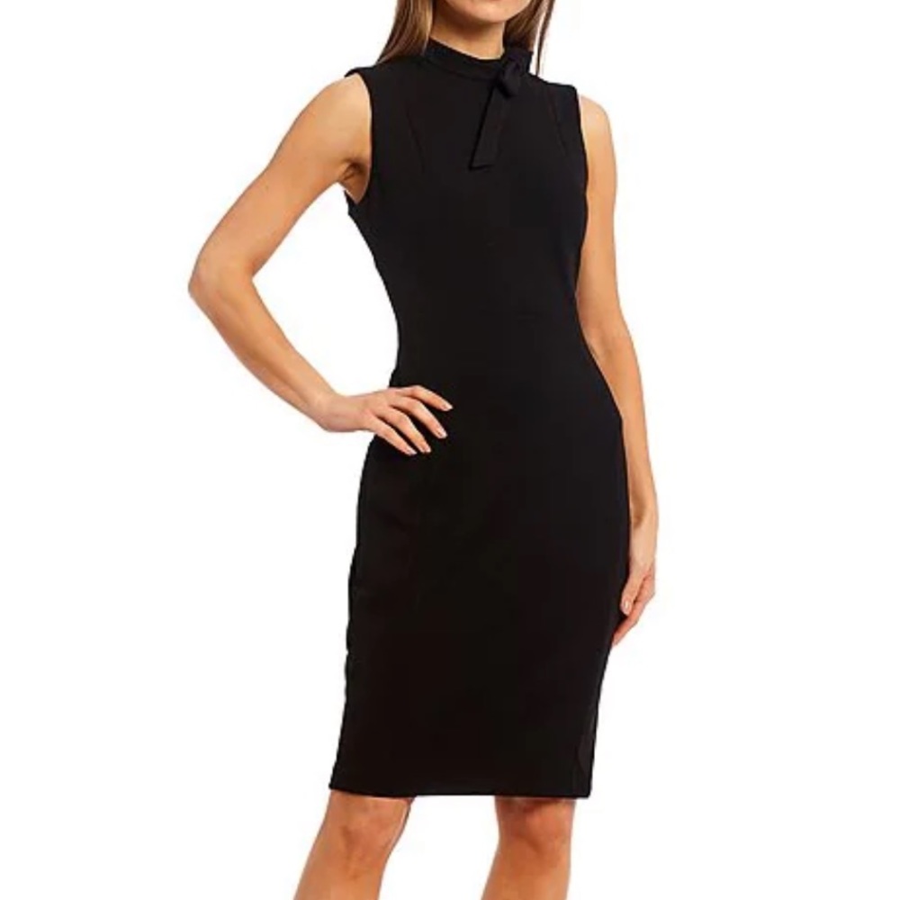 Calvin Klein “Sleeveless Tie Mock Neck Scuba Crepe Pencil Dress”